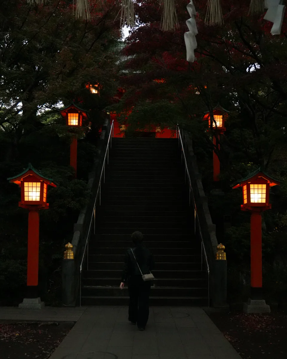 A person walks up stone steps between red lanterns toward a shrine gate under dark trees.