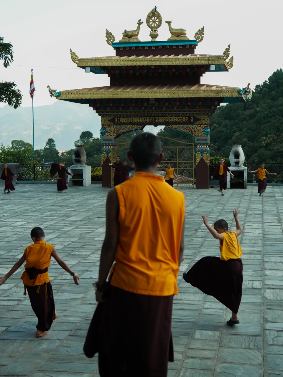 Young monks in orange and maroon dance on a stone courtyard in front of an ornate painted gate, hills behind.