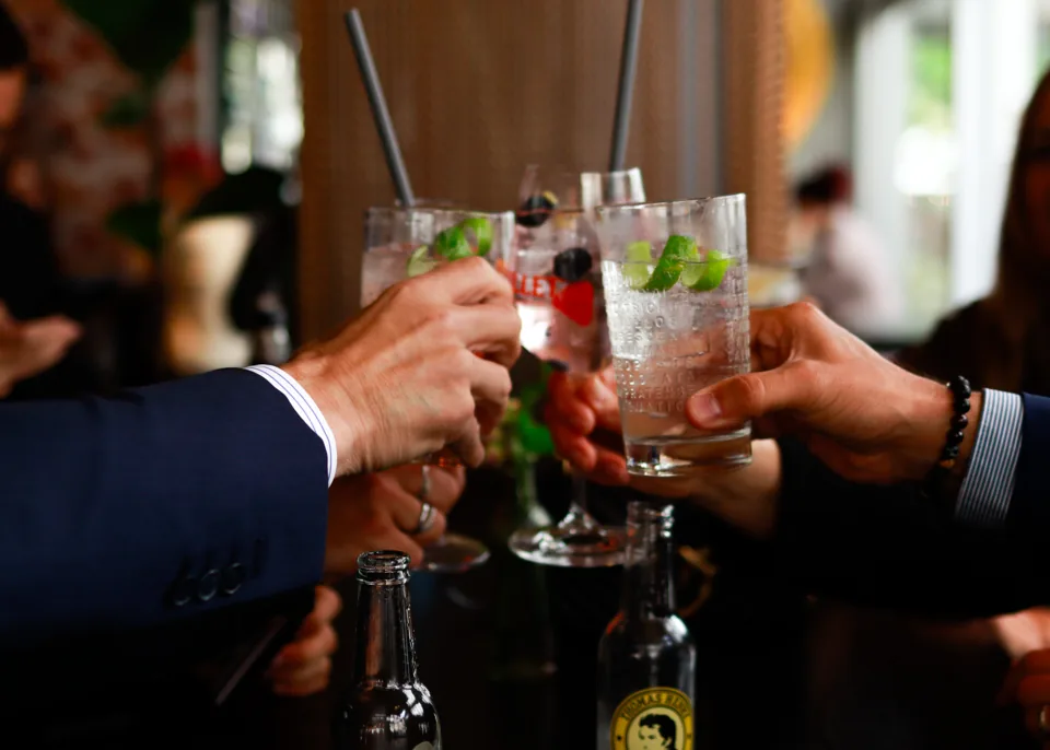 Several hands raise glasses of gin and tonic over a table, bottles below.